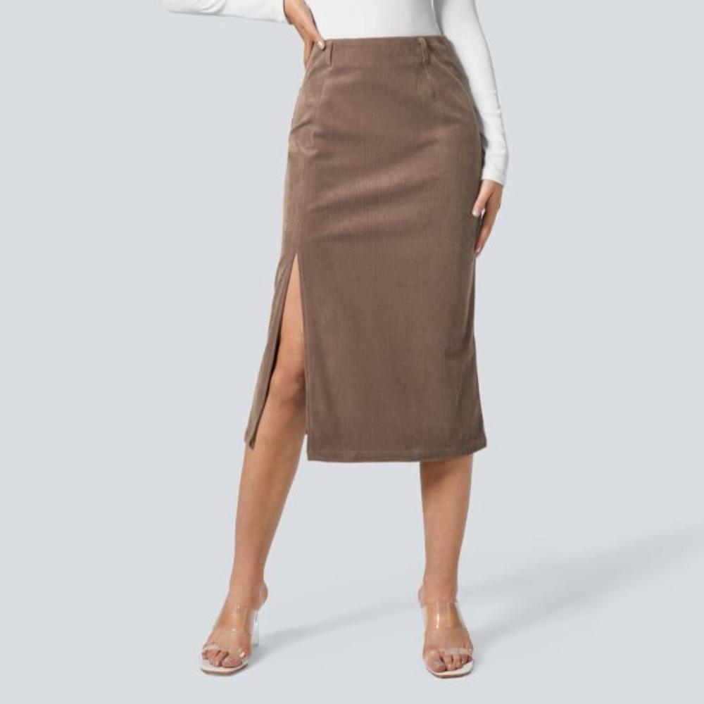 HALARA High Waisted Hem Midi Corduroy AuraCord Acorn Color Skirt Size Medium New